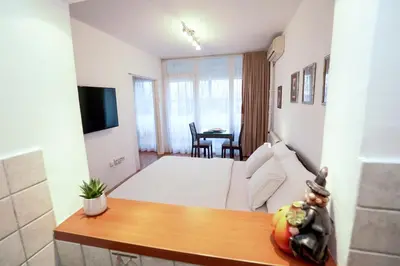 a hotel room with a bed and a table at Apartman Lido in Belgrade