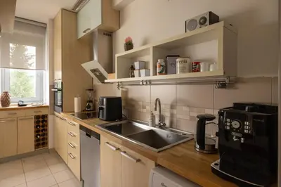 a kitchen with a sink and a microwave at La Maison Panoramique Belgrade in Belgrade