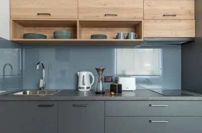 a kitchen with a sink and a counter top at HostGost Selected Suites - Botanical Garden in Belgrade