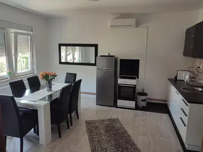 a kitchen with a table with chairs and a refrigerator at Apartman DORA in Arandjelovac