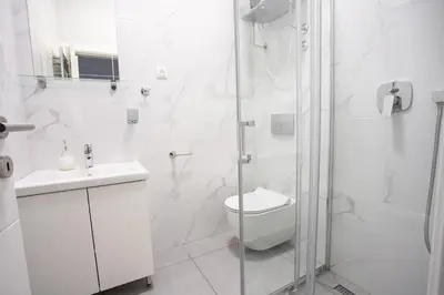 a white bathroom with a toilet and a shower at Etoile City Center Apartments- Obilicev venac in Belgrade