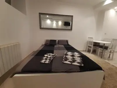 a bed in a room with a mirror on the wall at St. Marko studio in Belgrade