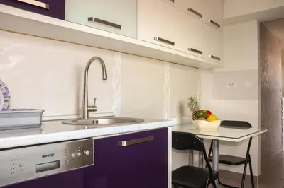 a kitchen with a sink and a table with a bowl of fruit at Juventas37 in Belgrade