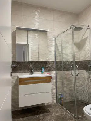 a bathroom with a shower and a sink and a toilet at Royal Residence Apartmani in Pančevo