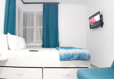 a room with a bed and a tv and a window at Sarajevska Studio & Apartment in Belgrade