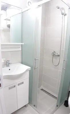 a bathroom with a shower and a sink at Sarajevska Studio & Apartment in Belgrade
