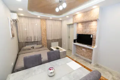 a bedroom with a bed and a flat screen tv at New Belgrade Center 2 in Belgrade
