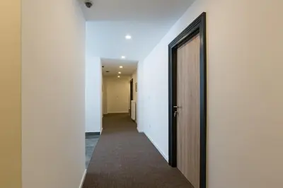 a hallway with white walls and a wooden door at Premium Crown Suites in Belgrade