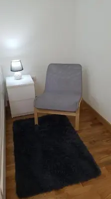 a chair in a room with a rug and a lamp at Belgrade Waterfront Lux 2 in Belgrade