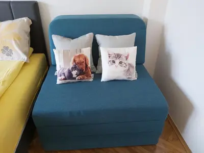 a blue chair with a cat and a dog on pillows at Studio 17 in Belgrade