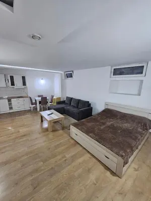 a bedroom with a bed and a couch and a table at Apartman Viktor 2 Jacuzzi in Belgrade