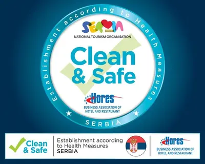 a label for a clean and safe logo at 1st Belgrade Apartment in Belgrade