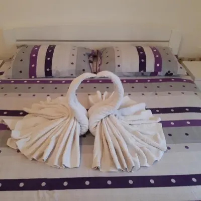 two swans wrapped in towels sitting on a bed at Lili in Arandjelovac