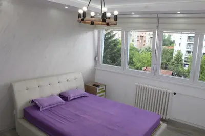 a bedroom with a purple bed with two purple pillows at EXCLUSIVE Apartment in Belgrade