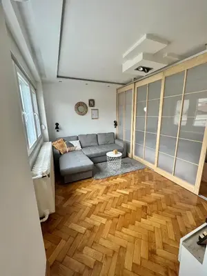 a living room with a couch and a wooden floor at Comfortable apartment in city hub in Belgrade
