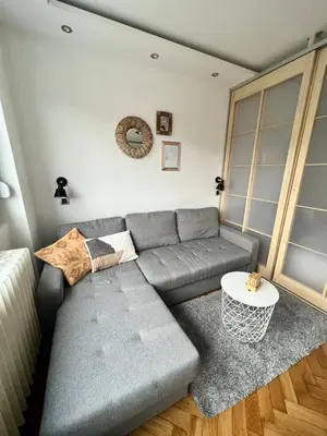 a living room with a gray couch and a table at Comfortable apartment in city hub in Belgrade