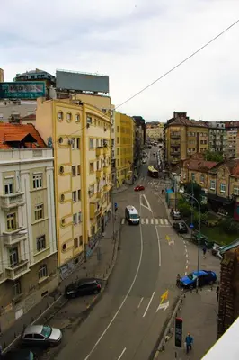 a view of a city street with buildings and cars at Comfortable apartment in city hub in Belgrade