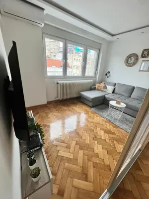 a living room with a couch and a wooden floor at Comfortable apartment in city hub in Belgrade