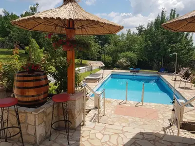 a swimming pool with an umbrella and a table and chairs at VILA PEKEČ in Mala Moštanica