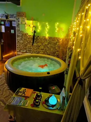 a bath tub with a koi in it with lights at Sunčana Strana Fruške Gore - veliko imanje sa kucom za odmor in Velika Remeta