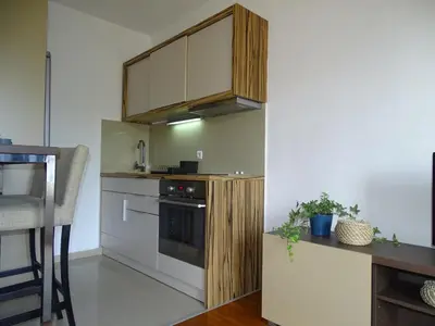 a small kitchen with a stove and a counter at Blue Apartment in Belgrade