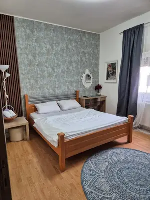 a bedroom with a large bed and a rug at Rooms Villa Luigi in Pančevo