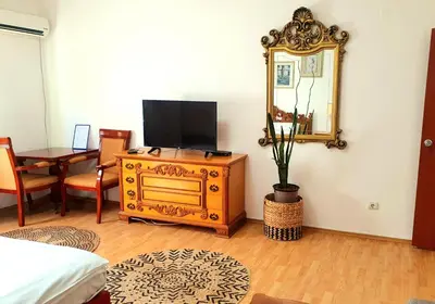 a room with a tv on a dresser with a mirror at Rooms Villa Luigi in Pančevo