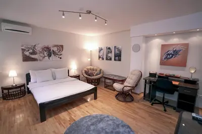 a bedroom with a bed and a desk and a chair at Ratan in Belgrade