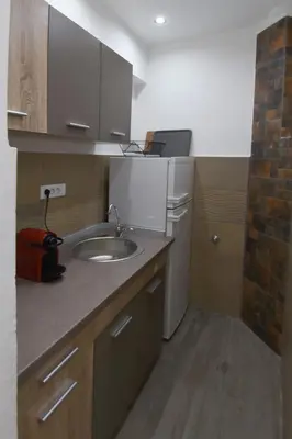 a small kitchen with a sink and a refrigerator at TASOS in Belgrade