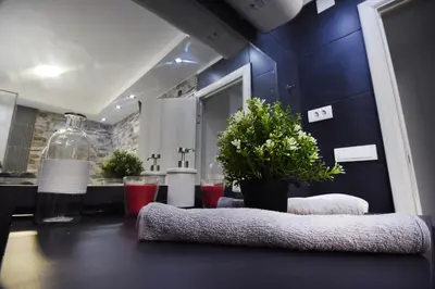 a bathroom with blue walls and a counter with plants at TASOS in Belgrade