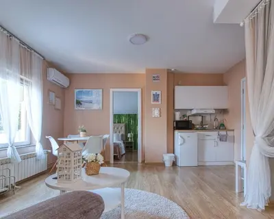 a living room with a table and a kitchen at Prenociste Dunav 97 K6 in Novi Banovci