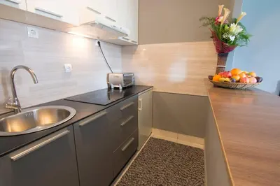 a kitchen with a sink and a bowl of fruit at Maxim in Belgrade