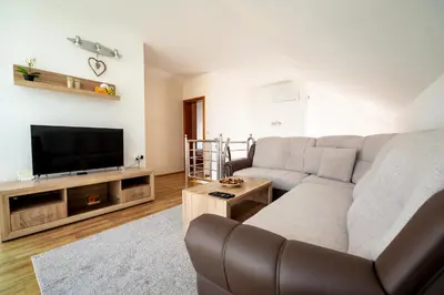 a living room with a couch and a flat screen tv at Harmonija na Dunavu in Smederevo