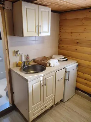 a small kitchen with a sink in a cabin at Vajat Orašac in Arandjelovac
