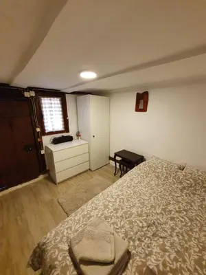 a bedroom with a bed and a desk and a window at Vajat Orašac in Arandjelovac