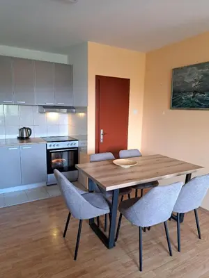 a kitchen and dining room with a wooden table and chairs at Teja-seosko turističko domaćinstvo in Arandjelovac