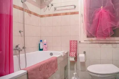 a bathroom with a pink shower curtain and a toilet at FABOULOUS apartment in Belgrade