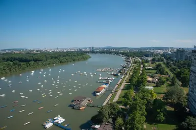 an aerial view of a river with boats docked at Sensational view - Zemun in Belgrade