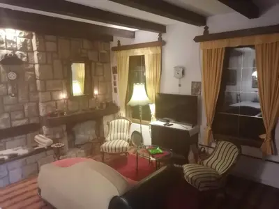 a living room with a stone fireplace and a couch at Villa Kornelija in Stari Slankamen