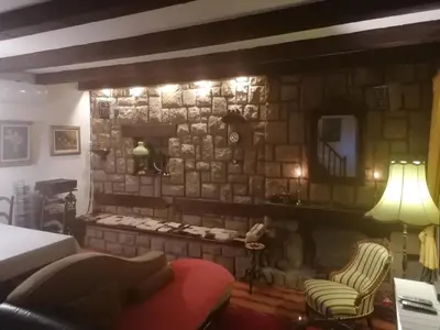 a living room with a stone wall with a fireplace at Villa Kornelija in Stari Slankamen
