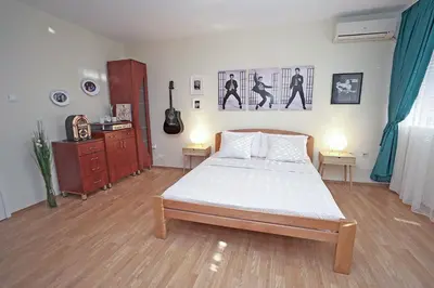 a bedroom with a bed and a guitar on the wall at Apartment Elvis in Tošin Bunar