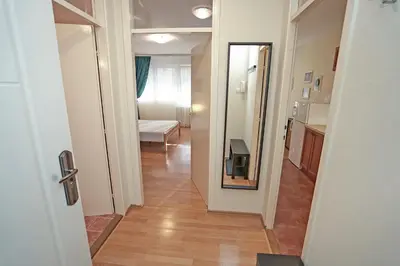 a hallway leading to a room with a mirror at Apartment Elvis in Tošin Bunar