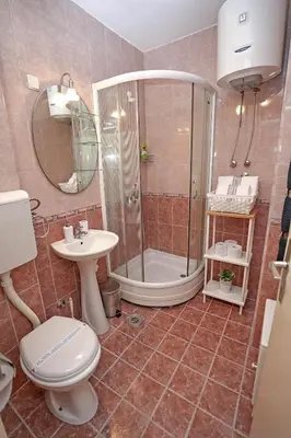 a bathroom with a shower and a toilet and a sink at Apartment Elvis in Tošin Bunar