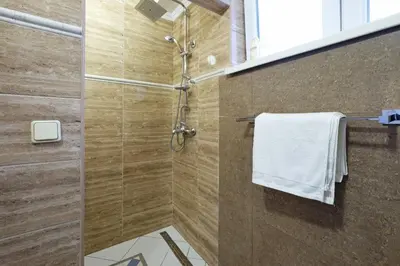 a bathroom with a shower with a white towel at Villa Tower Gardos in Belgrade