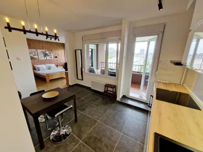 a living room with a table and a couch at Apartment Nena in Tošin Bunar