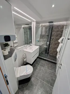 a bathroom with a toilet and a sink and a shower at Apartment Nena in Tošin Bunar
