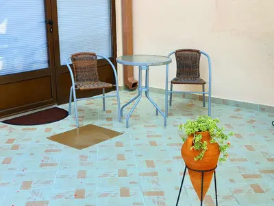 a table and two chairs and a vase with a plant at Nilena apartmani in Smederevo