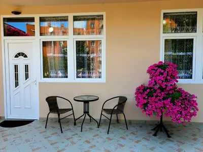 a table and chairs and a plant with pink flowers at Nilena apartmani in Smederevo