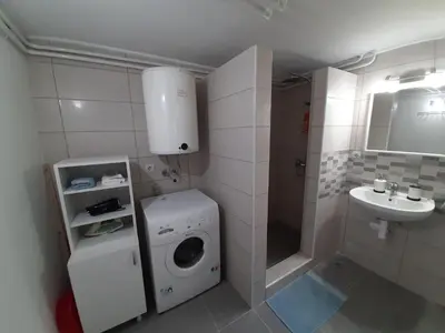 a small bathroom with a washing machine and a sink at Apartman Talija in Arandjelovac