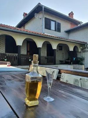 a bottle of alcohol and a wine glass on a wooden table at Vinogradski konak Belgrade, Sopot,Kosmaj in Sopot